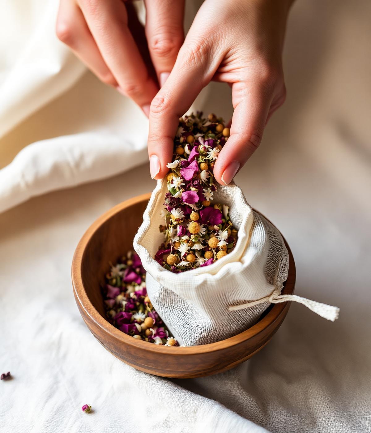 Hands gently filling a muslin sachet with rose petals and chamomile